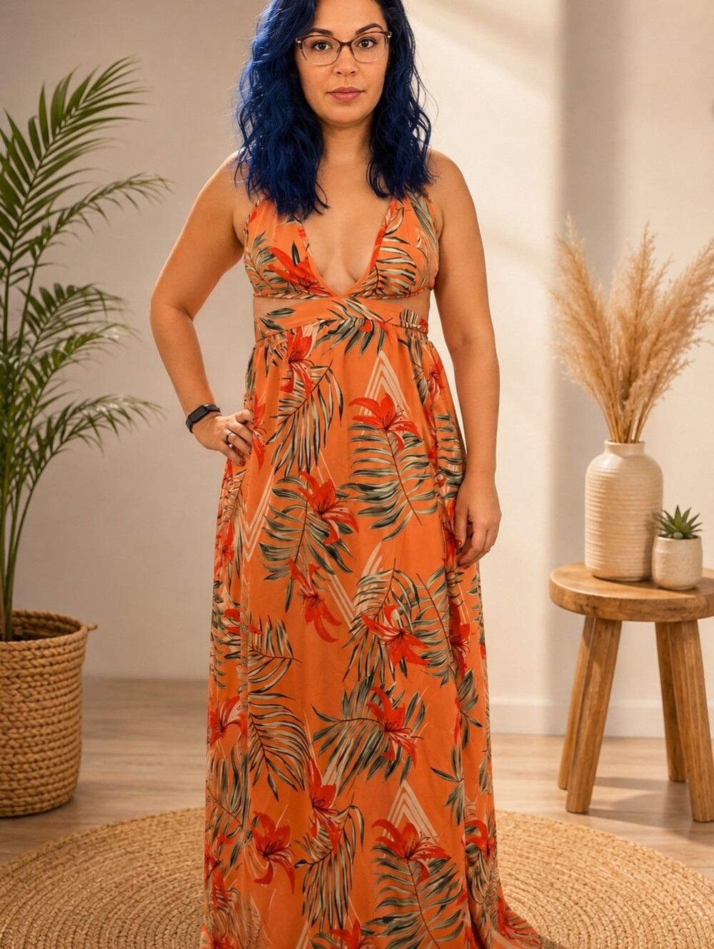 Plus Size Orange Tropical Tie-Front Maxi Dress - Picture 3 of 3